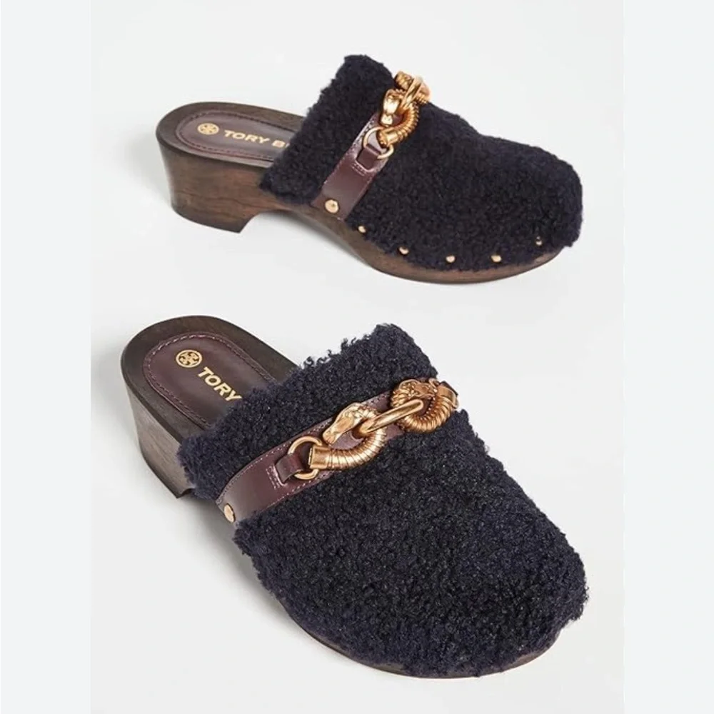 Tory Burch “Jessa” Clog With Horse Bit In Black Shearling Size 6.5